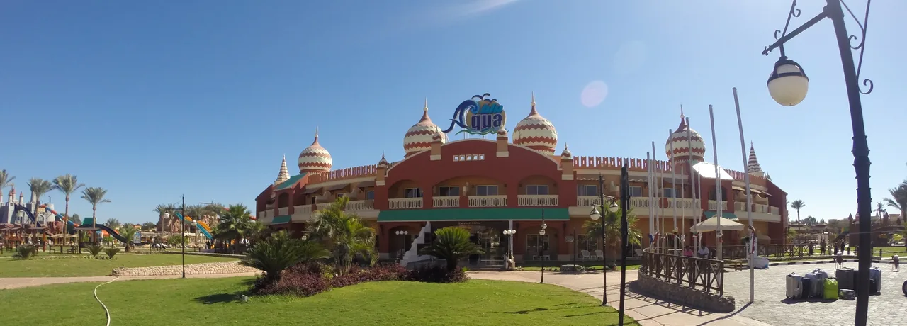 Pickalbatros Aqua Blu Resort building and water-park area, photographed in 2014; historical view