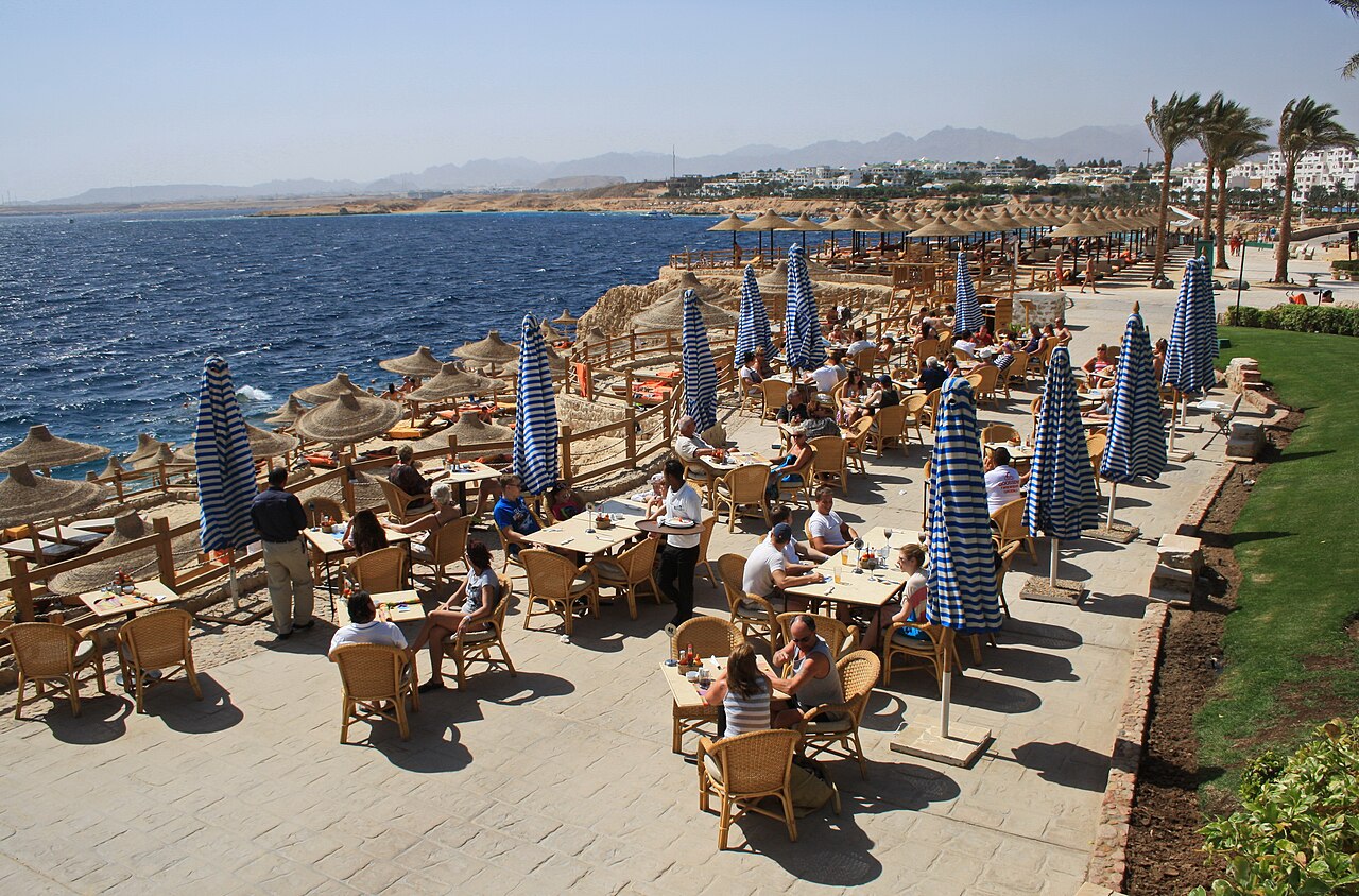 Beach terraces and Red Sea shoreline at Sharm Plaza Hotel